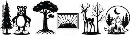 Flat design woodland icon set including pine tree standing bear mascot smiling oak tree framed mountains deer standing wolves howling moon night minimal vector