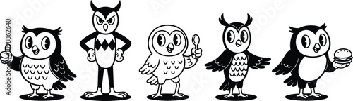 Retro cartoon vector set five owl mascots each showing unique pose props thumbs up stern gaze holding spoon and burger front view clean line art