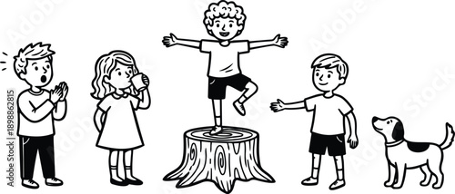 Line art playful close up children cheering boy balancing on tree stump with outstretched arms friends clapping watching dog standing beside scene cheerful inked playful illustration