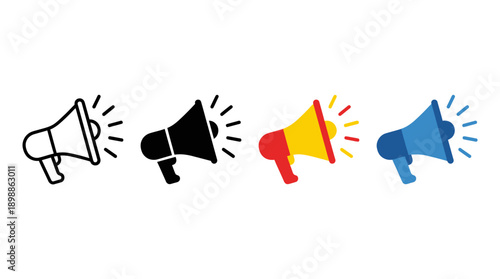 Megaphone Icons Vector Illustration | Communication Symbol Design, Announcement Graphic Art, Marketing Media Logo, Broadcast Sound Concept, Red Blue Black White Stylized Vector Clipart