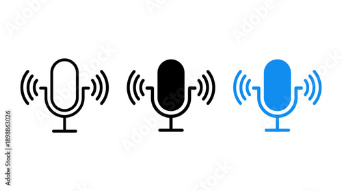 Microphone Icons Vector Illustration | Audio Recording Symbol Design, Podcast Graphic Art, Sound Wave Logo, Music Voice Concept, Black Blue White Stylized Vector Clipart
