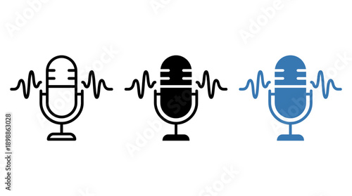 Microphone Icons Vector Illustration | Audio Recording Symbol Design, Podcast Graphic Art, Sound Wave Logo, Music Voice Concept, Black Blue White Stylized Vector Clipart