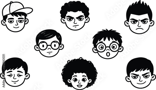 Line art close up set of eight diverse boys faces various expressions with cap glasses curly hair spiky hair surprised angry smiling neutral looking straight ahead