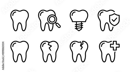 Dental Icons Vector Illustration | Tooth Health Symbol Design, Dentistry Graphic Art, Implant Protection Logo, Medical Care Concept, Broken Tooth Emergency Treatment Stylized Vector Clipart