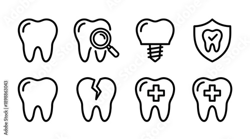 Dental Icons Vector Illustration | Tooth Health Symbol Design, Dentistry Graphic Art, Implant Protection Logo, Medical Care Concept, Broken Tooth Emergency Treatment Stylized Vector Clipart