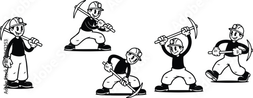 Retro cartoon nineteen thirties miners characters in various poses swinging pickaxe standing kneeling drilling on white background playful vintage black and white vector illustration clean outline