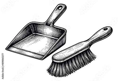 Hand drawn line art cleaning tools set featuring a dustpan and brush for housekeeping