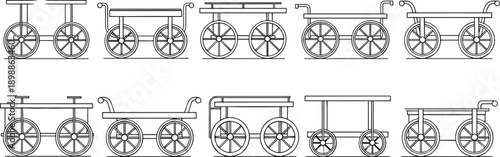 Cart and wagon icon set with varied wheel, handle, and platform designs, vector illustration, editable, isolated transport graphics