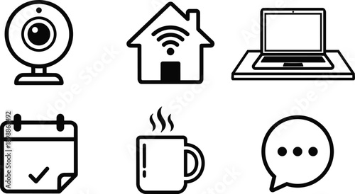 Flat design line icons set showing webcam smart home laptop calendar coffee mug and chat bubble in simple bold stroke minimal workstation concept interface monochrome outline