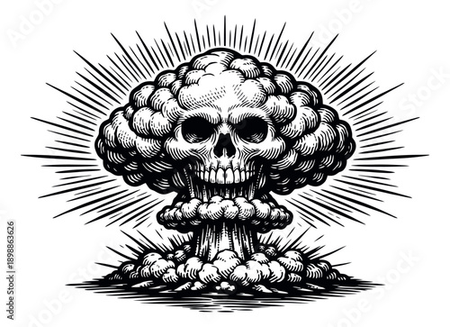 Hand drawn line art illustration of a skull in a mushroom cloud depicting danger and destruction for war concepts