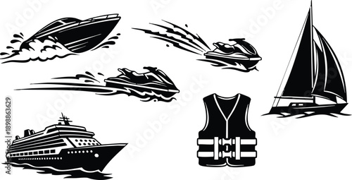 Minimalist vector boat icons set with speedboat and jet ski motion yacht cruise ship sailboat and life vest side view black and white silhouette collection marine