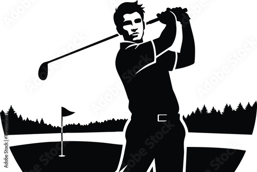 Flat silhouette vector style low angle golfer swinging follow through pose full body holding club on green with flag tree line high contrast masculine closeup dynamic