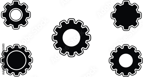 Flat design five black gear icons arranged on white background central large cogwheel outlined stroke minimal vector icon set left top bottom right scalable editable symmetrical