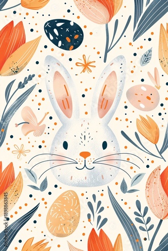 A rabbit's face is surrounded by Easter eggs and various flowers. The scene shows bright colors and simple shapes. It captures the spirit of spring and the celebration of Easter