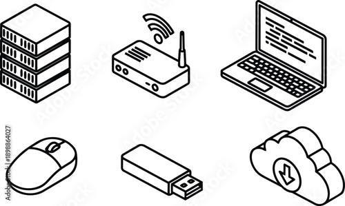 Isometric line art close up set of network hardware icons server router laptop mouse usb flash drive and cloud download arranged on white background minimal outline
