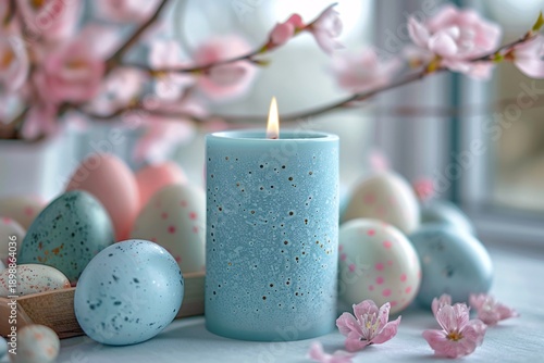 A blue candle burns softly on a table surrounded by pastel-colored eggs and cherry blossom branches. The setting shows a bright room celebrating spring and renewal
