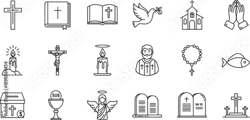 Christian icon set, religious symbol illustrations, cross Bible church dove rosary priest angel candle grave, faith graphics pack