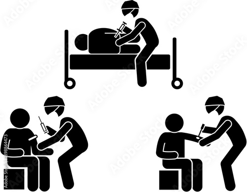 Stick figures illustrating various medical injection procedures, including vaccination and spinal injection, performed by healthcare professionals on patients.