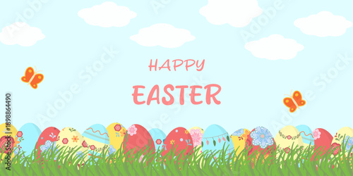 Greeting card Colorful Easter eggs in fresh green grass on sky blue background Perfect for holiday promotions Web headers, greeting designs, advertisements Seasonal graphic projects Text Happy Easter