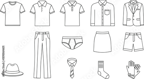Clothing and accessory icon set, fashion line drawings, shirt pants skirt hat tie glove sock, wardrobe graphic pack