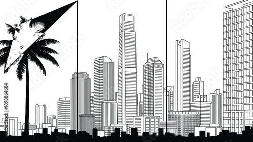City skyline illustration, black and white urban panels, skyscraper architecture, palm tree contrast, modern metropolitan graphic art