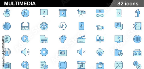 Flat Style Multimedia Icons 32 Audio Visual and Digital Media Symbols for Streaming, Production and Entertainment UI
