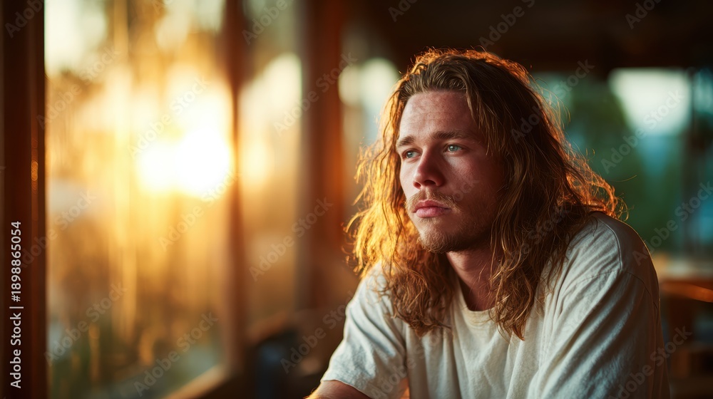 Obraz premium A pensive young man with long hair is deeply engaged in thought, watching a beautiful sunset, creating a moment of introspection and emotional contemplation in natural light.