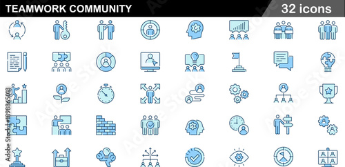 Two Tone Blue Teamwork Icons 32 Flat Style Community and Collaborative System Symbols for Corporate Hierarchy and Shared Goals