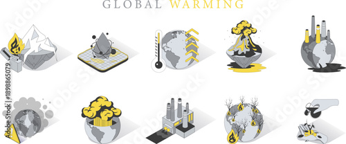 Isometric Global Warming Illustrations 10 Climate Impact and Industrial Emission Vignettes with Yellow Highlights for ESG Reports