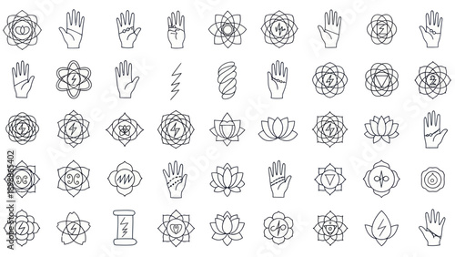 Chakra Symbols and Mudra Hands Icon Set - Spiritual Energy and Yoga Line Art