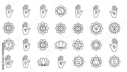 Chakra Symbols and Mudra Hands Icons Set - Spiritual Energy and Yoga Line Art