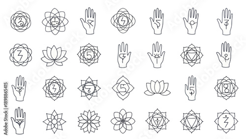 Chakra Symbols and Mudra Hands Line Art Collection