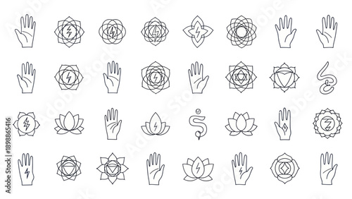 Chakra Symbols and Mudra Hands Line Art Collection