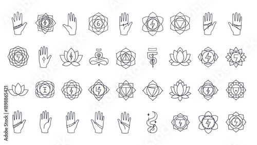 Chakra Symbols, Lotus Flowers, and Hand Mudras Outline Icons Set