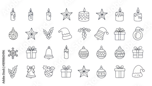 Christmas Icons Outline Set: Ornaments, Gifts, Santa Hats, Stars, Candles, Bells
