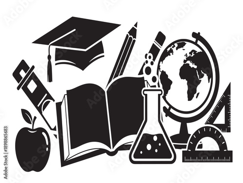 Educational vector illustration with books, globe, and scientific tools