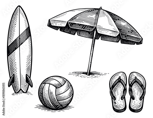 Hand drawn line art beach items set featuring a surfboard, umbrella, volleyball and flip flops for summer vacation