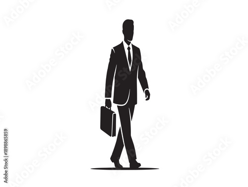 Minimalist black and white businessman walking with briefcase