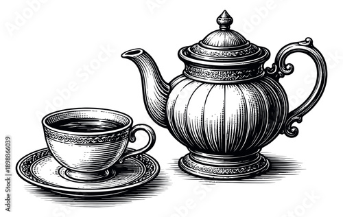 Vintage hand drawn line art tea set featuring an ornate teapot and teacup for a classic beverage service