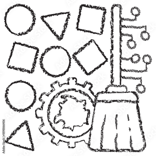 Vector icon of a digital broom cleaning data noise near a gear mechanism. Dark brown charcoal sketch on transparent background. Concept of AI data preprocessing and dataset cleaning