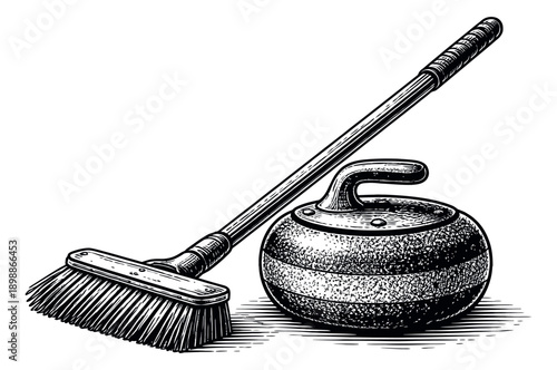 Hand drawn line art curling equipment set featuring a curling stone and broom for winter sports design