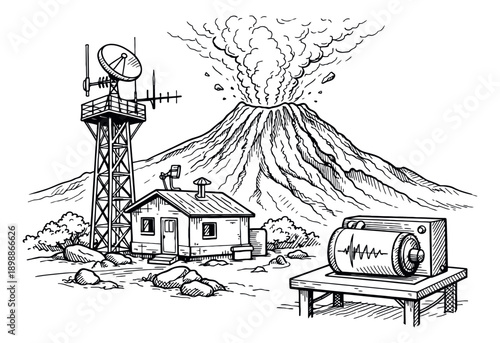 Hand drawn line art illustration of a volcano monitoring station depicting an erupting volcano, a radio tower, a house, and a seismograph for geological study