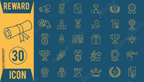 A collection of 30 reward icons in various designs and styles for user engagement and motivation
