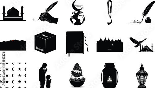 A simple black vector icon set showing famous landmarks and holiday symbols in a clean silhouette style
