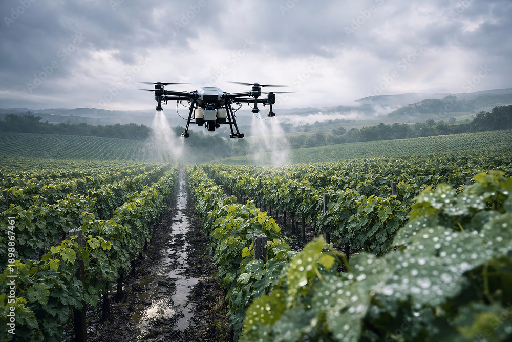 Naklejka premium Smart farming drone irrigating grape field
