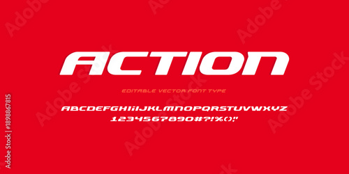 "Action" - sports style font type with bold letters and numbers, geometric text design for sports logos, dynamic typography set for branding with energetic abbreviations - editable vector font	
