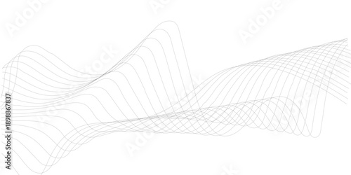 Stylized modern abstract wave design with gray flowing curved lines on a white background, featuring smooth layered transparency, digital motion energy, and a tech business-friendly vector look