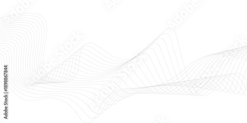 Stylized modern abstract wave design with gray flowing curved lines on a white background, featuring smooth layered transparency, digital motion energy, and a tech business-friendly vector look