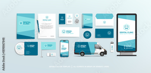 Brand identity concept for Dental Clinic. Corporate Style grpaphics design for Medical Center. Dental Clinic logo on stationery mock-up. Editable vector branding template