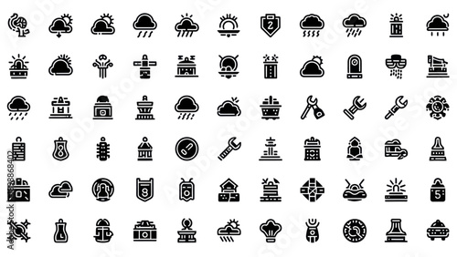 Weather Icons Set: Cloud, Sun, Rain, Snow, Storm, Thermometer, Compass